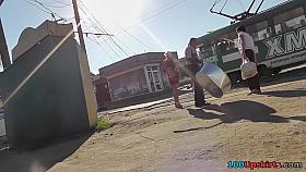 Hawt upskirt hotty in a red suit