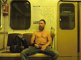 Bearded Russian guy rubs his big dick on the subway