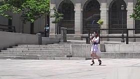 Public slave walked with dick on a stick