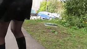 Stockings upskirt in windy day