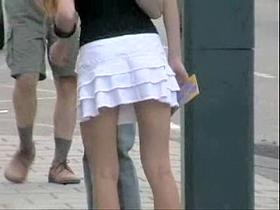 Nude butt and fat pussy in white thong on up skirt video