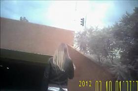 Tight pants chick walking in city