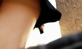 Upskirt entering cafe