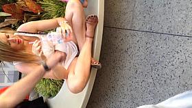 Up skirt white blonde pussy