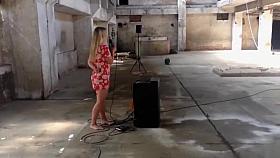 Hot and voluptuous blonde runs around the building naked