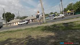 Hawt upskirt golden-haired in whte costume