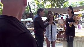 Euro slut sucking in public outdoor cafe