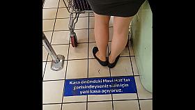 Sexy shopper in shiny tan pantyhose