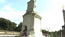 Sub with clamped pussy lips in public