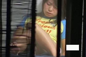 Asian girl dries out hair and masturbates on window spy cam