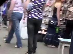 Blonde chick upskirted in street fair