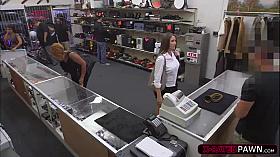 Busty and MILF cooz wants to sell her bugle ends up riding cock