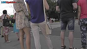 Skinny-ass milf wears thong in upskirting clip