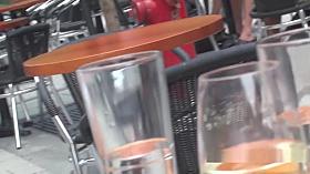 public upskit - blue dress in street cafe