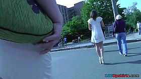 Nice upskirt pussy pics of a dark-haired bombshell