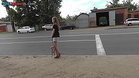 Glamorous golden-haired in denim upskirt vid