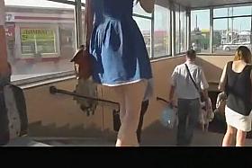 Long hair chick in blue mini dress upskirt