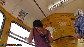 Youthful hottie legs up petticoat on the tram
