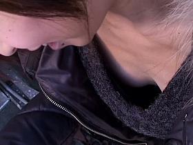 Asian chick with short dyed hair and tiny breasts in a downblouse vid