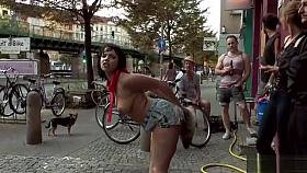 Busty Euro babe butt plugged in public