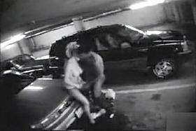 Parking garage sex on security camera with a charming blonde