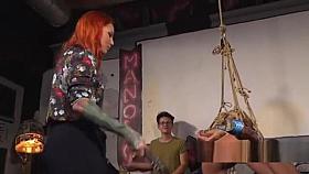 Tied up blonde flashes ass in public