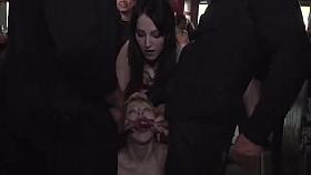 Blonde gets group fuck and facial in public bar