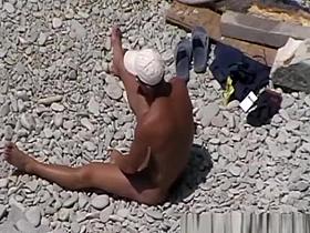 Guy strokes and couple fucks in beach