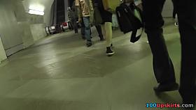 Amazing upskirt tease with skinny chick in mini skirt