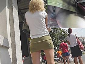 Hawt golden-haired upskirt hottie in straps