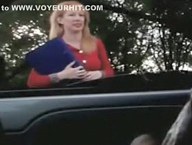 Cute ginger lady watches him jerk off in the car