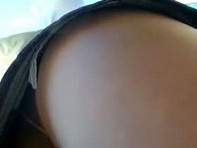 Candid street upskirt of a blonde in a jean skirt and blue panties