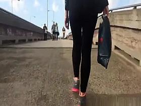 Pervert guy cums behind girl