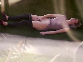 Half naked lady masturbates on my lawn