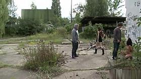 Naked slave walked in public parking