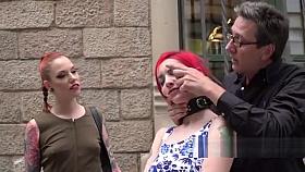 Handcuffed redhead back caned in public