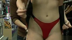 Slut wearing leather in public shop