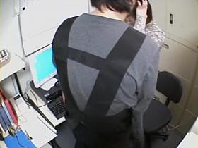 Slobbering on a dong in kinky voyeur office sex video