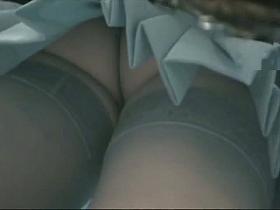 Sheer stockings and white thong in an upskirt clip