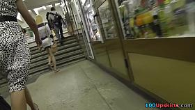 Skinny blond upskirt on the stairs