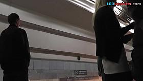 Blond in dark and white costume upskirt