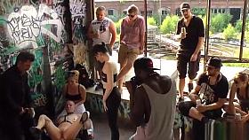 Shaved head slave double penetration public