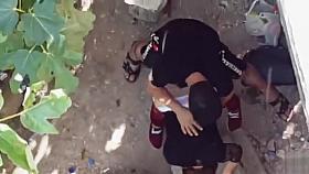 I recorded my desperate friends banging behind a big tree