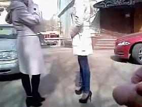 Man showing cock to two girls on a bright spring day