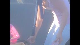 Girl I white dress leans forward and shakes tits downblouse