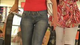 Slim tanned hot brunette with camel toe shopping street candid