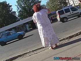 Bimbo flashing real street upskirt