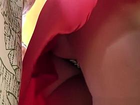 Hot ass blonde in short red dress upskirt