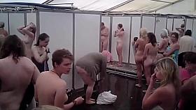 large group girls showering