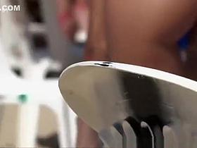 Tattooed hot blonde girl sexy ass in blue bikini